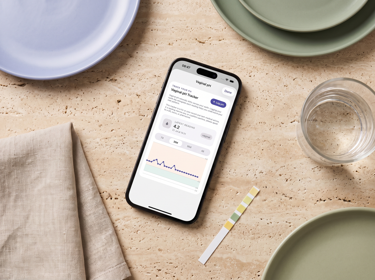 The Genesyx app beside a pH strip and morning coffee setup