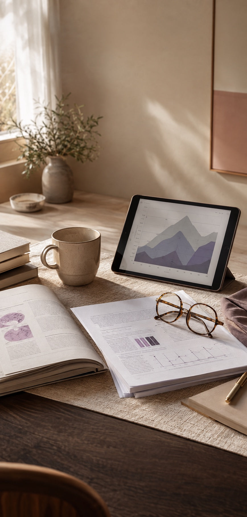 Research papers, a tablet with scientific charts and reading glasses on a warm desk